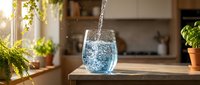 Fresh water pouring into glass on wooden surface in sunny kitchen with green plants creating healthy hydration lifestyle scene for wellness content.