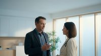 Middle-aged Caucasian male professional in dark blazer and blue shirt conversing with young Asian female colleague in beige cardigan in modern office kitchen setting with natural light and plants, suitable for corporate communication and workplace collaboration themes.