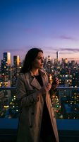 Young woman with long dark hair and South Asian ethnicity wearing a beige trench coat stands on a rooftop overlooking an illuminated city skyline at twilight. Perfect for business, lifestyle, and urban themes.