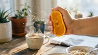 Person squeezing fresh orange juice over bowl with cereal and milk at sunny kitchen table with potted plants and teapot in background.