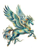 Ornate blue and gold winged horse flying with swirling clouds, isolated on transparent background, ready for stickers, sublimation, and t-shirt design.