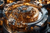Macro view of luxury watch mechanism with golden gears, wheels and jewels showing intricate mechanical movement details in warm lighting.