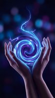Two hands with light skin tone hold a glowing neon spiral vortex with electric blue and purple energy, lightning bolts emanating upward against dark blurred background for magic, power, technology concepts.