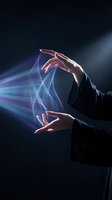 Businessman hands creating protective gesture with glowing digital energy field and light rays for technology and innovation concepts.