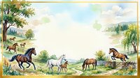 Horses grazing in pastoral countryside landscape with trees, meadows and rolling hills, suitable for farm, ranch, equestrian and rural design projects.