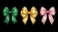 Three watercolor ribbon bows in green, gold, and pink isolated on transparent background, ready for stickers, t-shirt design, cards, and print on demand.