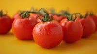 Fresh ripe red tomatoes with water droplets arranged on vibrant yellow background, showcasing natural produce for cooking and healthy eating.