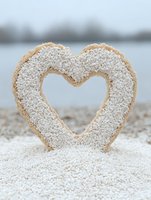 Heart-shaped cookie cutter pressed into white sand creates romantic beach scene with soft blurred background, symbolizing love and summer vacation memories.