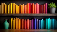 Colorful books arranged in rainbow spectrum order on wooden shelves with decorative vase and plant, creating vibrant home library display against dark background.
