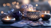 Mystical arrangement with amethyst crystal, ornate candle holders, and tarot cards on dark surface against blurred bokeh lights creating spiritual ambiance.