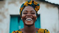 Joyful young African woman wearing traditional yellow and blue headwrap laughs genuinely against turquoise door background, expressing authentic happiness and cultural pride.