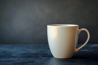 White ceramic coffee mug on dark textured background with copy space, minimalist composition for beverage and lifestyle content.