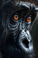 Close-up macro shot of gorilla's face showing intense amber eyes and detailed black skin texture, capturing primate's expressive features in dramatic lighting.