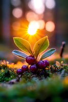 Fresh wild lingonberries with green leaves at sunset, glowing sunlight through branches creates magical forest atmosphere with natural bokeh effect.