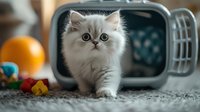 Adorable white Persian kitten with bright blue eyes exploring near pet carrier on carpet, surrounded by colorful cat toys and orange in soft focus background.
