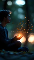 Young Asian man in meditation pose holds glowing magical light particles in dark forest setting, creating mystical atmosphere with bokeh effects in background.