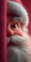 Santa Claus peeking around red door with twinkling eye and white beard, Christmas holiday character portrait for festive seasonal marketing campaigns.