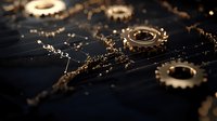 Golden mechanical gears and glowing circuit paths on dark background create futuristic technological composition with dramatic lighting and depth.