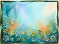 Watercolor background with colorful paw prints in blue, yellow, and orange tones, isolated on white with decorative border, suitable for pet-related designs, greeting cards, and animal-themed projects.