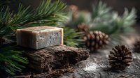 Handmade natural soap bar on rustic wooden surface with pine branches and cones, creating cozy winter spa atmosphere for skincare products.