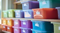 Colorful storage boxes with labels organized on wooden shelves for home organization, decluttering, and container storage solutions.