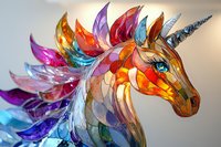 Colorful stained glass unicorn head with rainbow mane and silver horn against soft background, featuring vibrant translucent mosaic pieces in magical fantasy style.