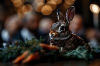 Young wild rabbit in natural environment with bokeh lights and green foliage, close up portrait showing detailed fur texture and alert expression.