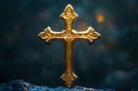 Ornate golden cross with decorative fleur-de-lis ends against dark blue background, symbolizing faith and spirituality for religious designs.