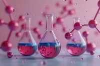 Laboratory glassware with pink liquid surrounded by floating molecular structure models against soft pink background, scientific research concept.