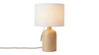 Wooden table lamp with cream linen shade isolated on white background, ready for interior design, home decor, and furniture catalog use.