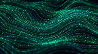 Digital flowing waves of glowing green particles and data streams create an abstract technology background suitable for tech, innovation, and digital transformation concepts.