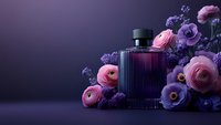 Luxury purple perfume bottle surrounded by pink ranunculus and violet flowers on dark background for cosmetics and fragrance advertising campaigns.