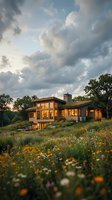 Modern wooden house with large windows illuminated at dusk surrounded by wildflower meadow and dramatic cloudy sky for luxury real estate marketing.