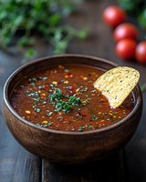 Spicy black bean soup garnished with fresh cilantro and tortilla chip in rustic wooden bowl, fresh tomatoes in background. Food photography on dark table.