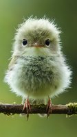 Fluffy baby bird with large eyes perched on branch against green background, displaying soft downy feathers and tiny beak in close-up nature photography.