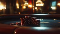 Stacks of red poker chips on dark casino table with atmospheric lighting and blurred background create dramatic gambling atmosphere. Suitable for gaming concepts.