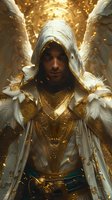 Mystical male figure in white and gold ornate hooded robe with angel wings and feathers against glowing magical background with sparkling light particles.