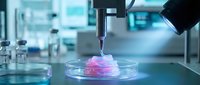 Bioprinting technology creating pink tissue sample in laboratory petri dish with precision equipment and sterile environment for medical research applications.