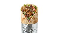 Grilled chicken wrap with fresh vegetables and herbs wrapped in tortilla, isolated on white background for food service, restaurant menu, and culinary design projects.