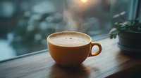 Orange ceramic cup filled with fresh hot coffee or cappuccino on wooden windowsill against blurred window background with soft morning light and bokeh effect.
