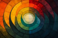 Vibrant spiral pattern in warm orange to cool teal tones creates dynamic circular composition with textured segments radiating from central light point. Abstract modern design.