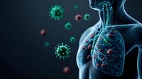 Microscopic virus particles floating around anatomical visualization of human respiratory system showing lungs and bronchi in blue digital medical illustration.