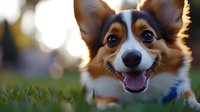 Happy Pembroke Welsh Corgi puppy with bright eyes and open mouth smiling in green grass during golden hour sunset, showing characteristic tri-colored fur pattern.