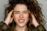 Young Caucasian woman with curly brown hair grimacing with hands in hair, expressing frustration, stress, or playful emotion against neutral background.
