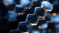 Glowing molecular structure with interconnected hexagonal shapes in dark blue tones, orange light points highlighting chemical bonds. Scientific concept.
