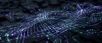 Abstract digital wave pattern with glowing purple and green particles flowing in curved lines against dark background for technology presentations.