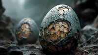 Ancient fossilized dinosaur eggs with cracked shells revealing honeycomb patterns, prehistoric paleontology specimens for educational and scientific content.