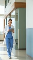 Female doctor in blue scrubs and white coat using tablet while walking through modern hospital corridor with glass walls and contemporary architecture.
