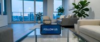 Smart display on glass table in modern luxury apartment showing follow us message, city view through floor-to-ceiling windows, contemporary living room.