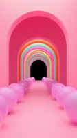 Colorful rainbow arch tunnel in pink with spherical decorations leading to dark entrance, creating surreal perspective for modern design projects.